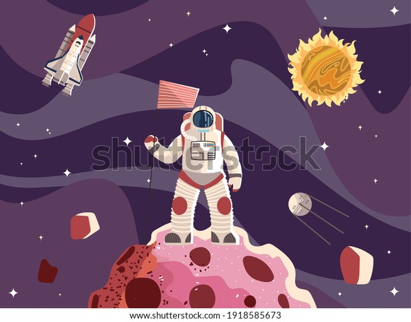 space astronaut with flag surface planet\
spaceship sun and moon vector\
illustration