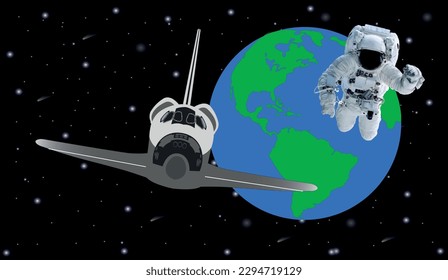 Space Astronaut flying near space shuttle and earth planet. Elements of this vector illustration were furnished by NASA