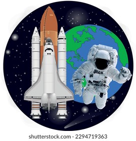 Space Astronaut flying near space shuttle and earth planet. Elements of this round vector illustration were furnished by NASA