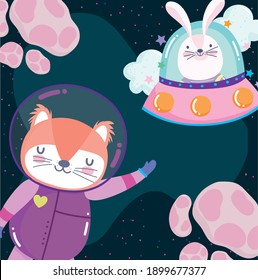 zorro astronauta espacial y conejo en ufo aventura explorar ilustración vectorial de dibujos animados animales