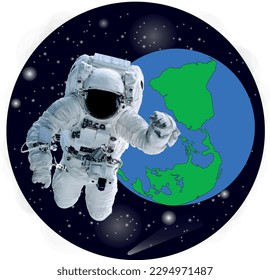 Space Astronaut in a front Earth planet of solar system. Elements of this round vector illustration were furnished by NASA