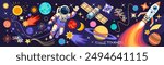 Space astronaut. Galaxy planets, art science technology. Rocket psychedelic background, flying cosmonaut cartoon design. Mans future, earth universe. Horizontal banner. Vector fiction illustration