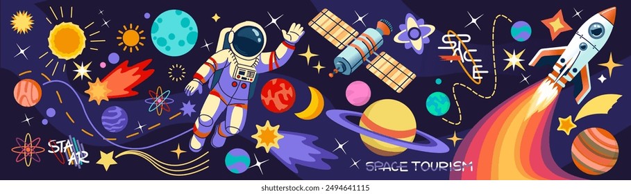 Space astronaut. Galaxy planets, art science technology. Rocket psychedelic background, flying cosmonaut cartoon design. Mans future, earth universe. Horizontal banner. Vector fiction illustration