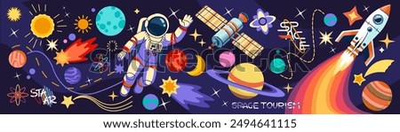 Space astronaut. Galaxy planets, art science technology. Rocket psychedelic background, flying cosmonaut cartoon design. Mans future, earth universe. Horizontal banner. Vector fiction illustration