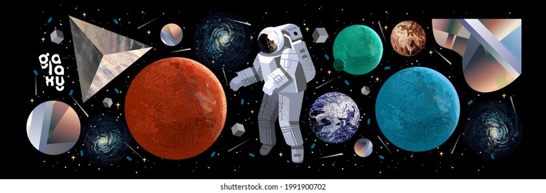 Space, astronaut and galaxy. Vector abstract illustrations of planets, mars, sky and geometric shapes. Drawings for poster, background and banner