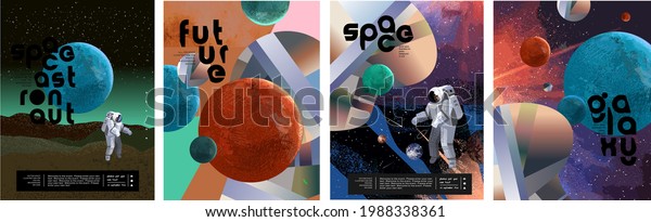 Space, astronaut and galaxy. Vector abstract\
illustrations of planets, mars, sky and geometric shapes. Drawings\
for poster, background and\
banner