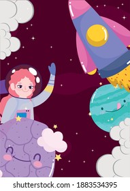 space astronaut girl adventure ufo planets cute cartoon vector illustration