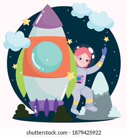 space astronaut girl spaceship exploration and discovery cute cartoon vector illustration