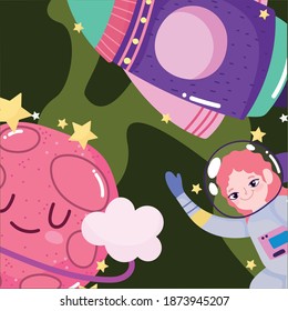 space astronaut girl spaceship and planet galaxy adventure cute cartoon vector illustration