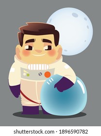 space astronaut with helmet and moon cartoon vector illustration