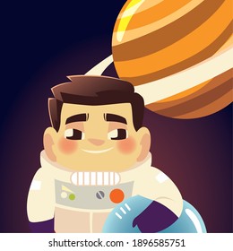 space astronaut with helmet and saturn planet galaxy cartoon vector illustration