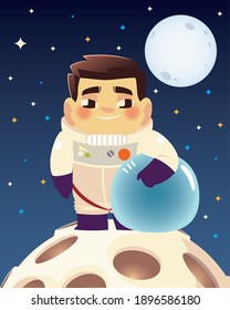 space astronaut holding helmet on planet and moon background vector illustration