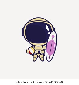 Space astronaut holding a surfboard and volleyball doodle vector illustration