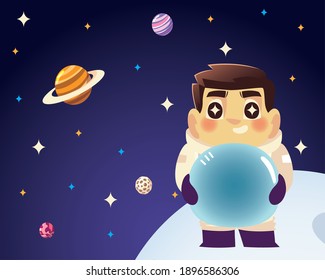 space astronaut holds helmet planets moon and stars cartoon vector illustration