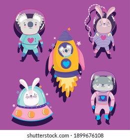 space astronaut koala rabbit and cat rocket ufo adventure explore animals cartoon vector illustration