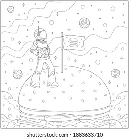 Space astronaut landing on burger planet and conquer it . Learning and education coloring page illustration for adults and children. Outline style, black and white drawing