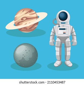 space astronaut and moon icon set