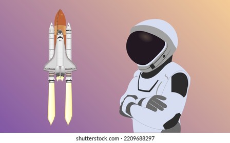 Space Astronaut in new space suit in a front of Space shuttle flight isolated on purple and yellow background. Elements of this vector illustration were furnished by NASA