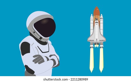 Space Astronaut in new space suit in a front of Space shuttle flight isolated on cyan blue background. Vector illustration. Elements of this vector illustration were furnished by NASA