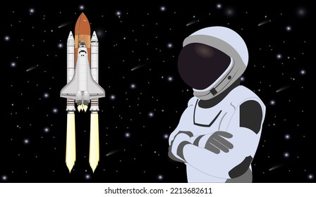 Space Astronaut in new space suit in a front of Space shuttle flight. Elements of this vector illustration were furnished by NASA