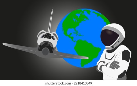 Space Astronaut in new space suit in a front of Space shuttle flight and earth planet. Vector illustration. Elements of this vector illustration were furnished by NASA