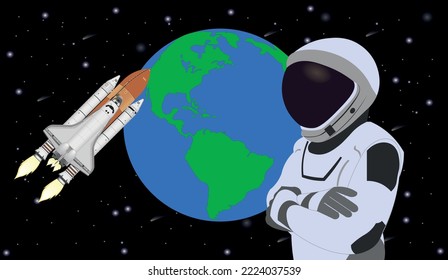 Astronauta espacial con traje espacial nuevo frente a un vuelo del transbordador espacial 
cerca del planeta Tierra. Ilustración vectorial. Elementos de esta imagen fueron amueblados por la NASA