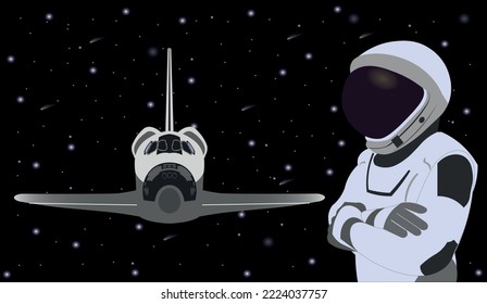 Astronauta espacial con traje espacial nuevo frente a un transbordador espacial. Ilustración vectorial. Elementos de esta imagen vectorial fueron proporcionados por la NASA