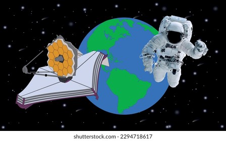 Space Astronaut in new space suit in a front of and modern space telescope. Elements of this vector illustration were furnished by NASA