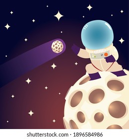 space astronaut on moon comet and stars galaxy cartoon vector illustration