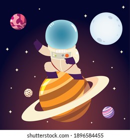 space astronaut on saturn planet character moon and stars cosmos vector illustration