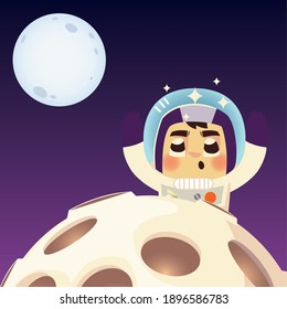 space astronaut planet and moon explore cartoon vector illustration