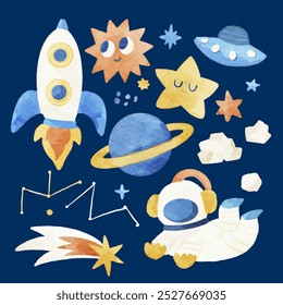 Space Astronaut Planet and Stars Watercolor Elements Bundle