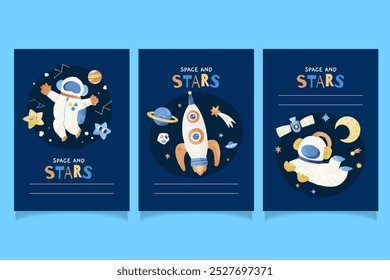 Space Astronaut Planet and Stars Watercolor Cards Template