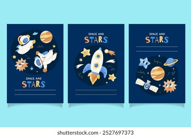 Space Astronaut Planet and Stars Watercolor Cards Template
