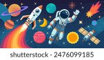 Space astronaut. Planets and, spaceman, sun and stars. Human discovery galaxy travel flight cosmonaut, explore cosmos. Spacesuit with helmet for spaceflight. Vector cartoon flat trip interstellar