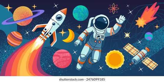 Space astronaut. Planets and, spaceman, sun and stars. Human discovery galaxy travel flight cosmonaut, explore cosmos. Spacesuit with helmet for spaceflight. Vector cartoon flat trip interstellar