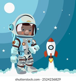 Space astronaut. Planets and, spaceman, sun and stars. Human discovery galaxy travel flight cosmonaut, explore cosmos. Spacesuit with helmet for spaceflight. Vector cartoon flat trip interstellar