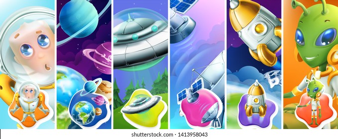 Space. Astronaut, planets, ufo, satellite, rocket, alien. 3d vector icon set