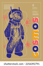Space, astronaut. Poster design. Vector illustrations. Typography. Vintage engraving style. Background images for cover, banner, poster. T-shirt print.