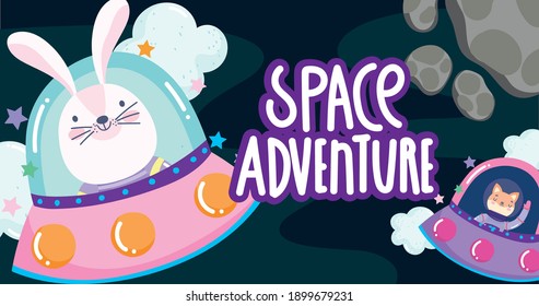 space astronaut rabbit cat in spaceship adventure explore cartoon vector illustration