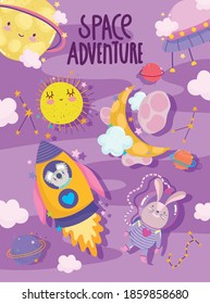 space astronaut rabbit koala moon planets adventure galaxy cartoon vector illustration