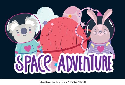 space astronaut rabbit koala and planet adventure explore animal cartoon vector illustration