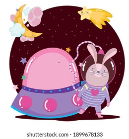space astronaut rabbit spaceship adventure explore animal cartoon vector illustration