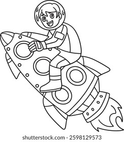 Space Astronaut Riding a Rocket Isolated Coloring 