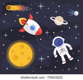 Fondo del cohete astronauta espacial. Dibujo de dibujos animados planos vectoriales