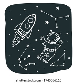 Space. Astronaut, rocket, constellations. space vector illustration. Doodle style drawing.