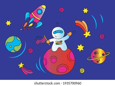 Space with astronaut, rocket and planets. Color vector illustration