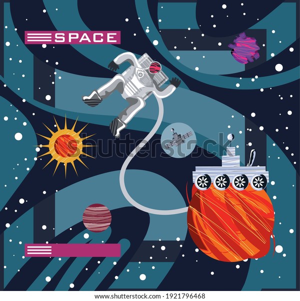 space astronaut rover planet exploration\
discovery abstract style vector\
illustration