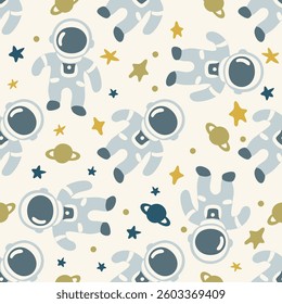 Space Astronaut Seamless Pattern with Planets