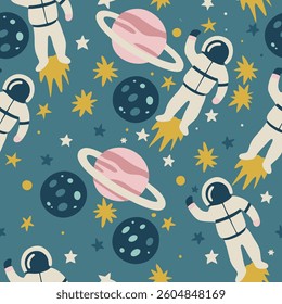 Space Astronaut Seamless Pattern with Planets